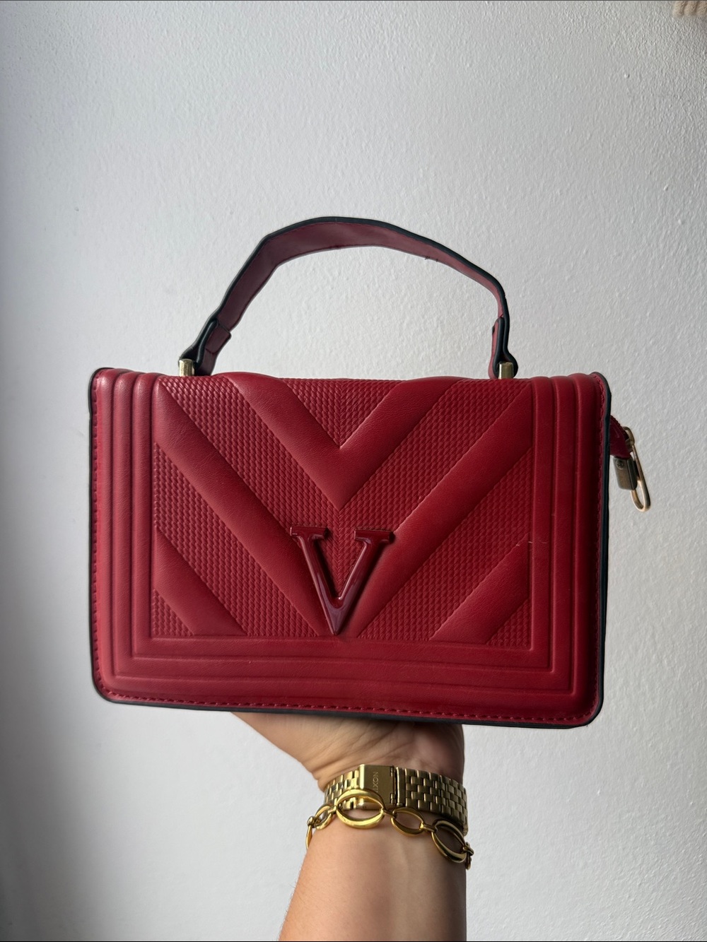 Red Faux Leather V-Emblem Hand Bag